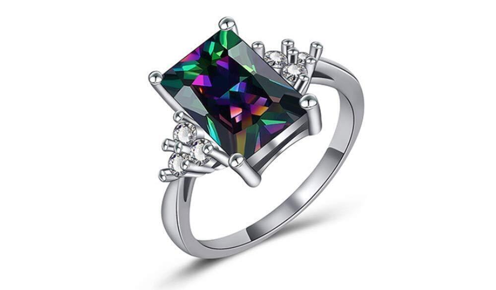 3992 Yaya Engagement Ring Square Cut Created Mystic Rainbow Topaz CZ White